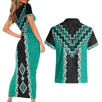 Teal Niho Taniwha Mix Poutama Couples Matching Short Sleeve Bodycon Dress and Hawaiian Shirt Unique Taniko Aotearoa