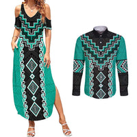Teal Niho Taniwha Mix Poutama Couples Matching Summer Maxi Dress and Long Sleeve Button Shirt Unique Taniko Aotearoa