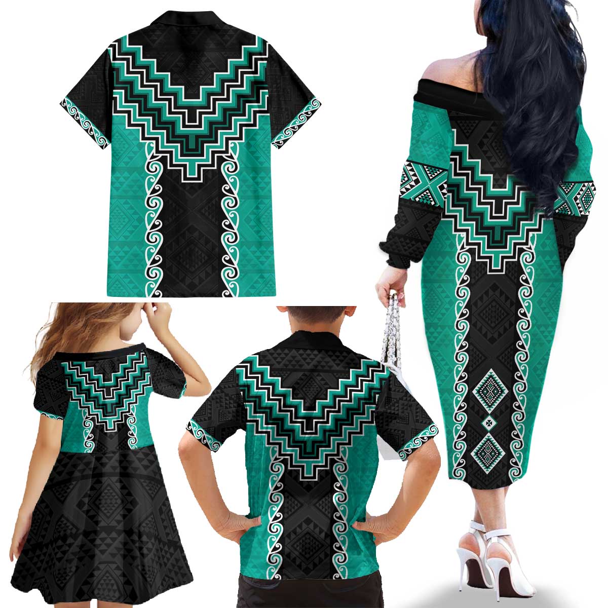 Teal Niho Taniwha Mix Poutama Family Matching Off The Shoulder Long Sleeve Dress and Hawaiian Shirt Unique Taniko Aotearoa