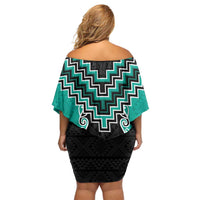 Teal Niho Taniwha Mix Poutama Family Matching Off Shoulder Short Dress and Hawaiian Shirt Unique Taniko Aotearoa