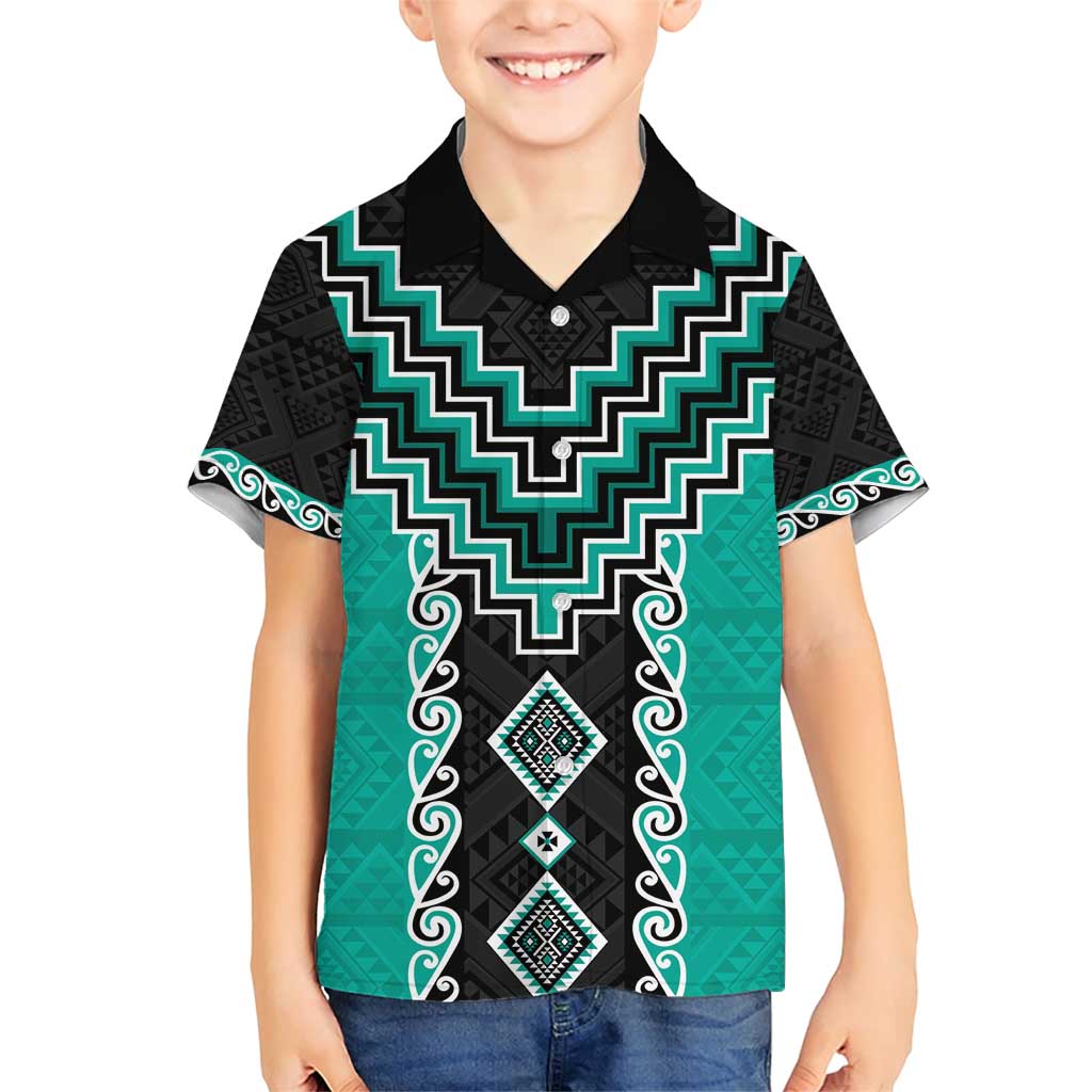 Teal Niho Taniwha Mix Poutama Family Matching Short Sleeve Bodycon Dress and Hawaiian Shirt Unique Taniko Aotearoa