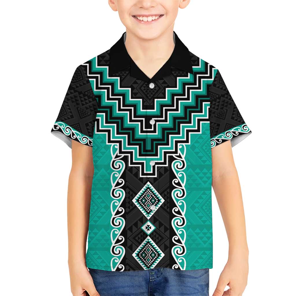 Teal Niho Taniwha Mix Poutama Family Matching Summer Maxi Dress and Hawaiian Shirt Unique Taniko Aotearoa