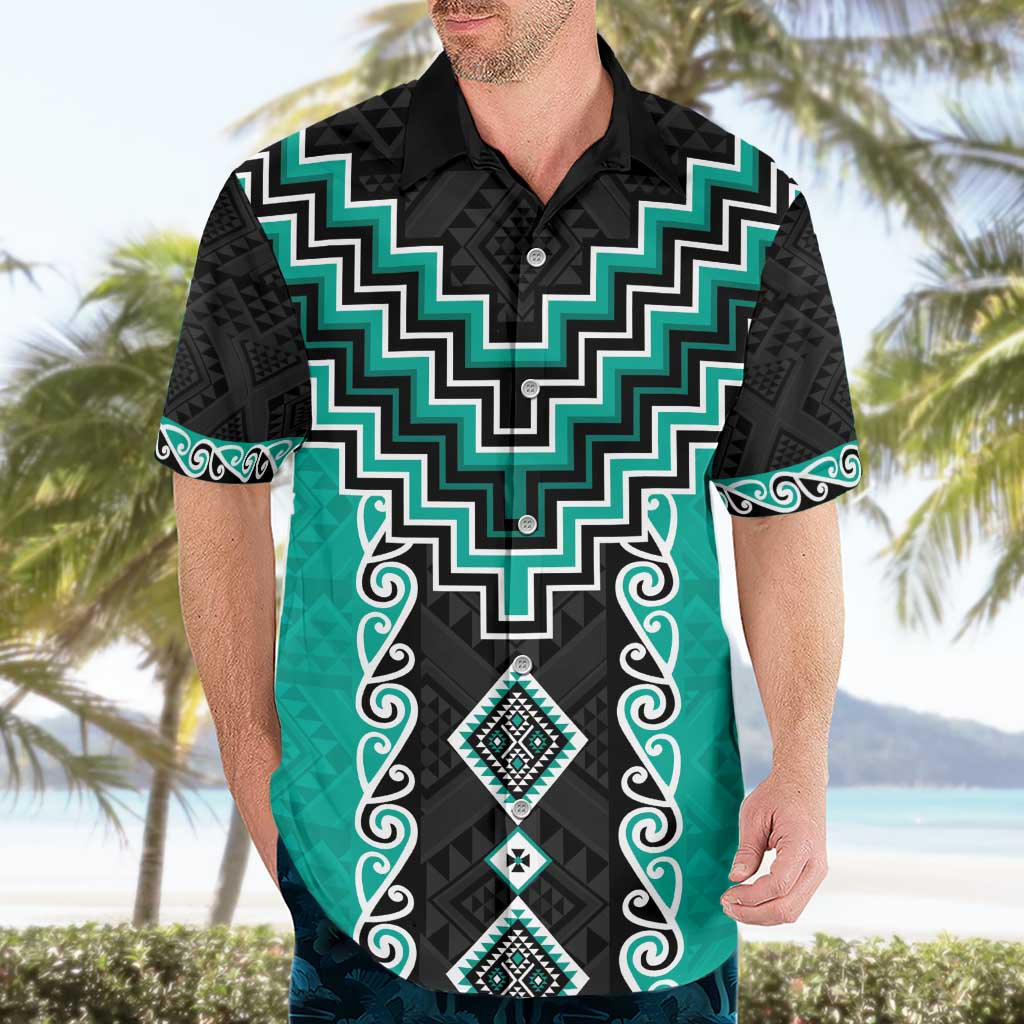 Teal Niho Taniwha Mix Poutama Hawaiian Shirt Unique Taniko Aotearoa