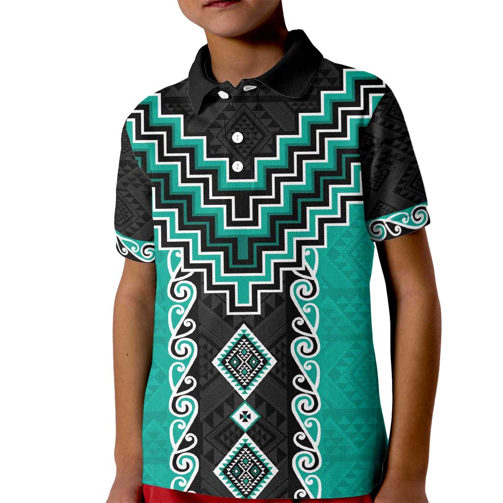 Teal Niho Taniwha Mix Poutama Kid Polo Shirt Unique Taniko Aotearoa