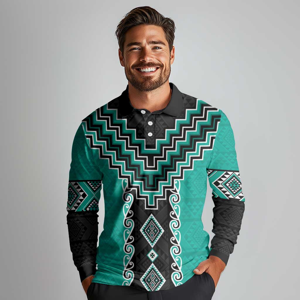 Teal Niho Taniwha Mix Poutama Long Sleeve Polo Shirt Unique Taniko Aotearoa