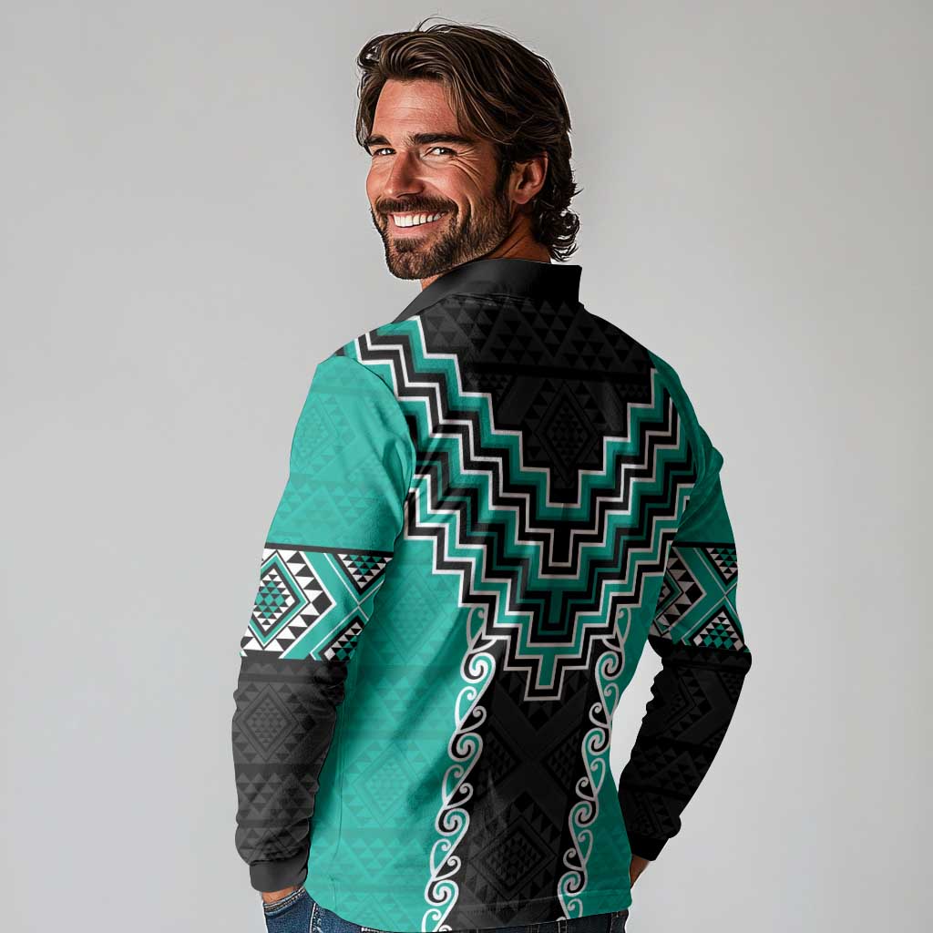 Teal Niho Taniwha Mix Poutama Long Sleeve Polo Shirt Unique Taniko Aotearoa