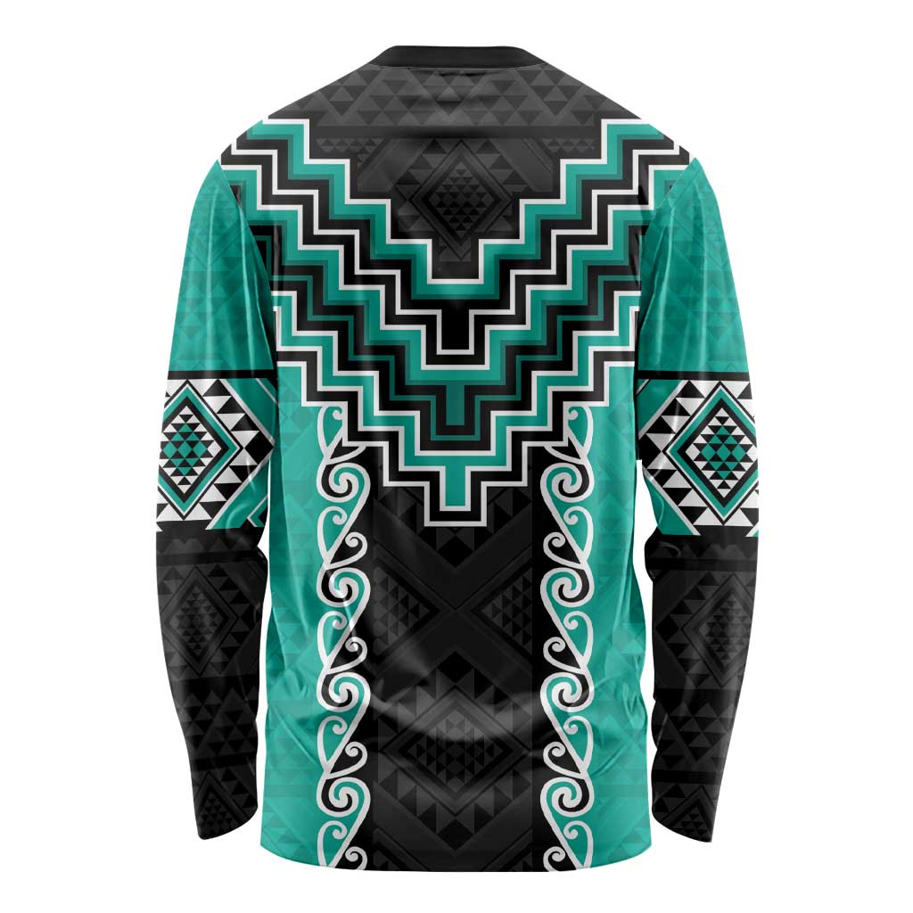 Teal Niho Taniwha Mix Poutama Long Sleeve Shirt Unique Taniko Aotearoa