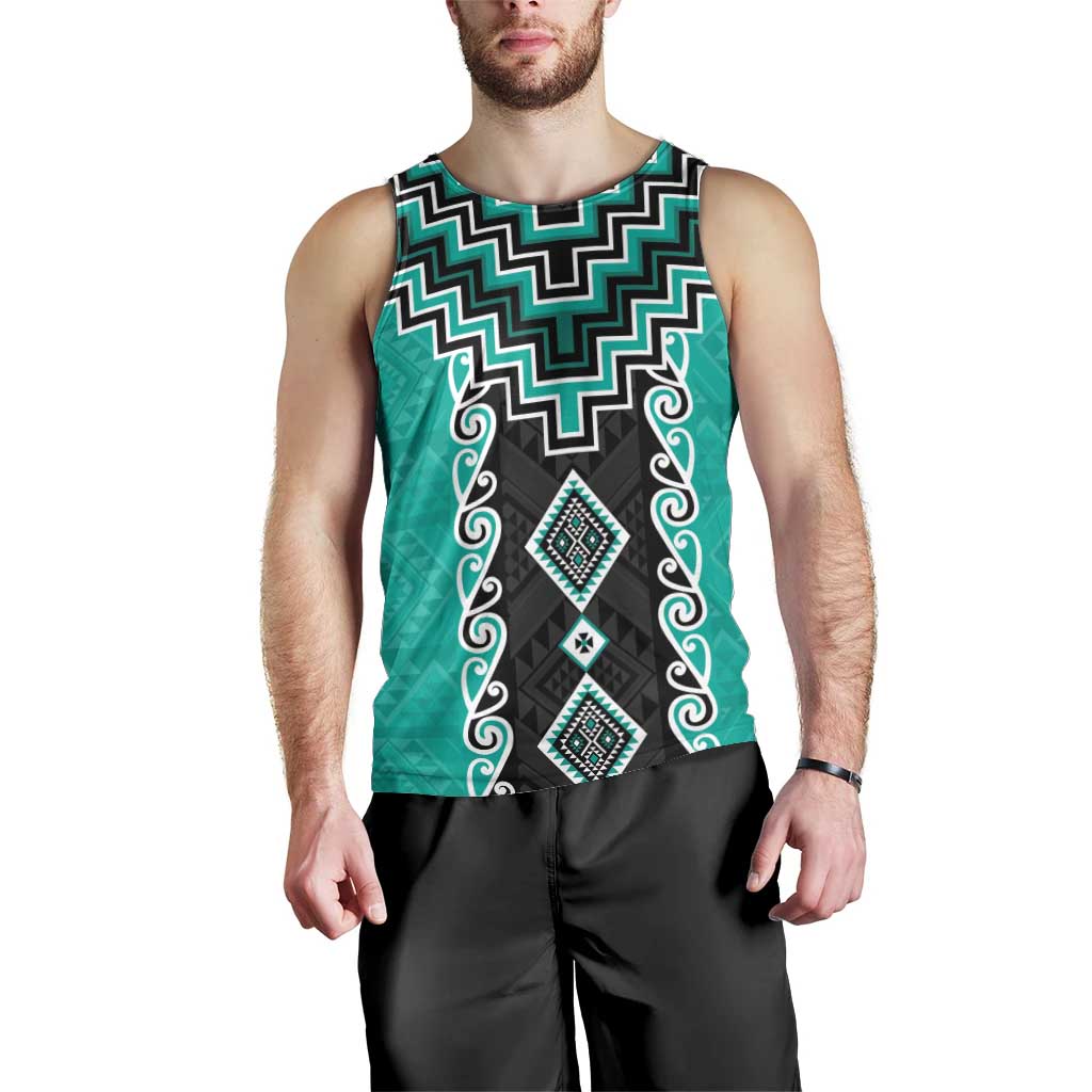 Teal Niho Taniwha Mix Poutama Men Tank Top Unique Taniko Aotearoa