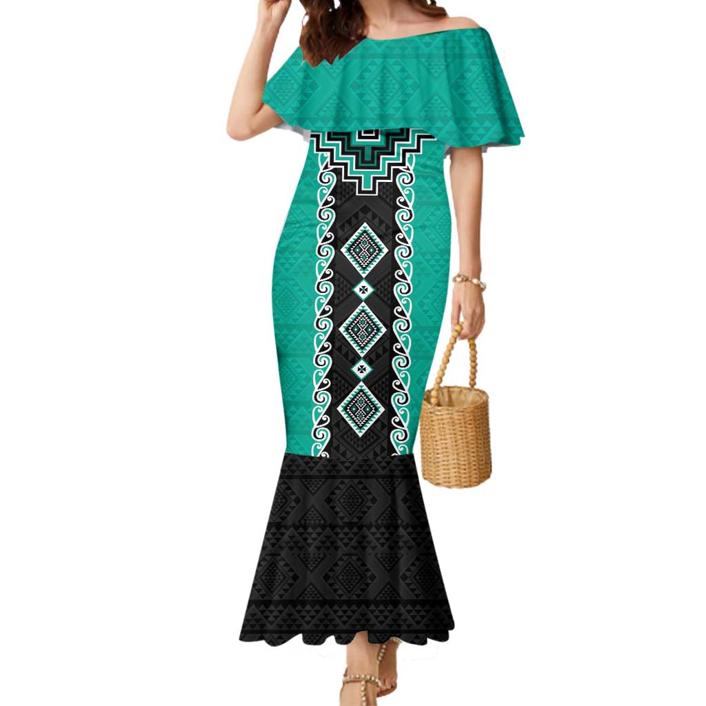 Teal Niho Taniwha Mix Poutama Mermaid Dress Unique Taniko Aotearoa