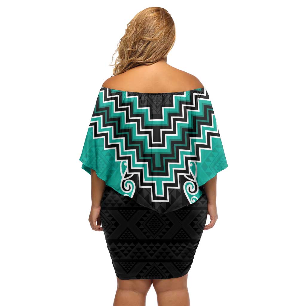 Teal Niho Taniwha Mix Poutama Off Shoulder Short Dress Unique Taniko Aotearoa