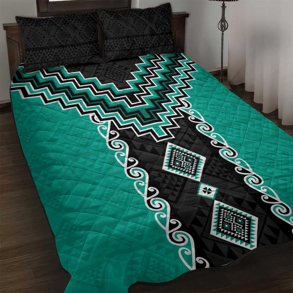 Teal Niho Taniwha Mix Poutama Quilt Bed Set Unique Taniko Aotearoa LT01 Teal - Polynesian Pride