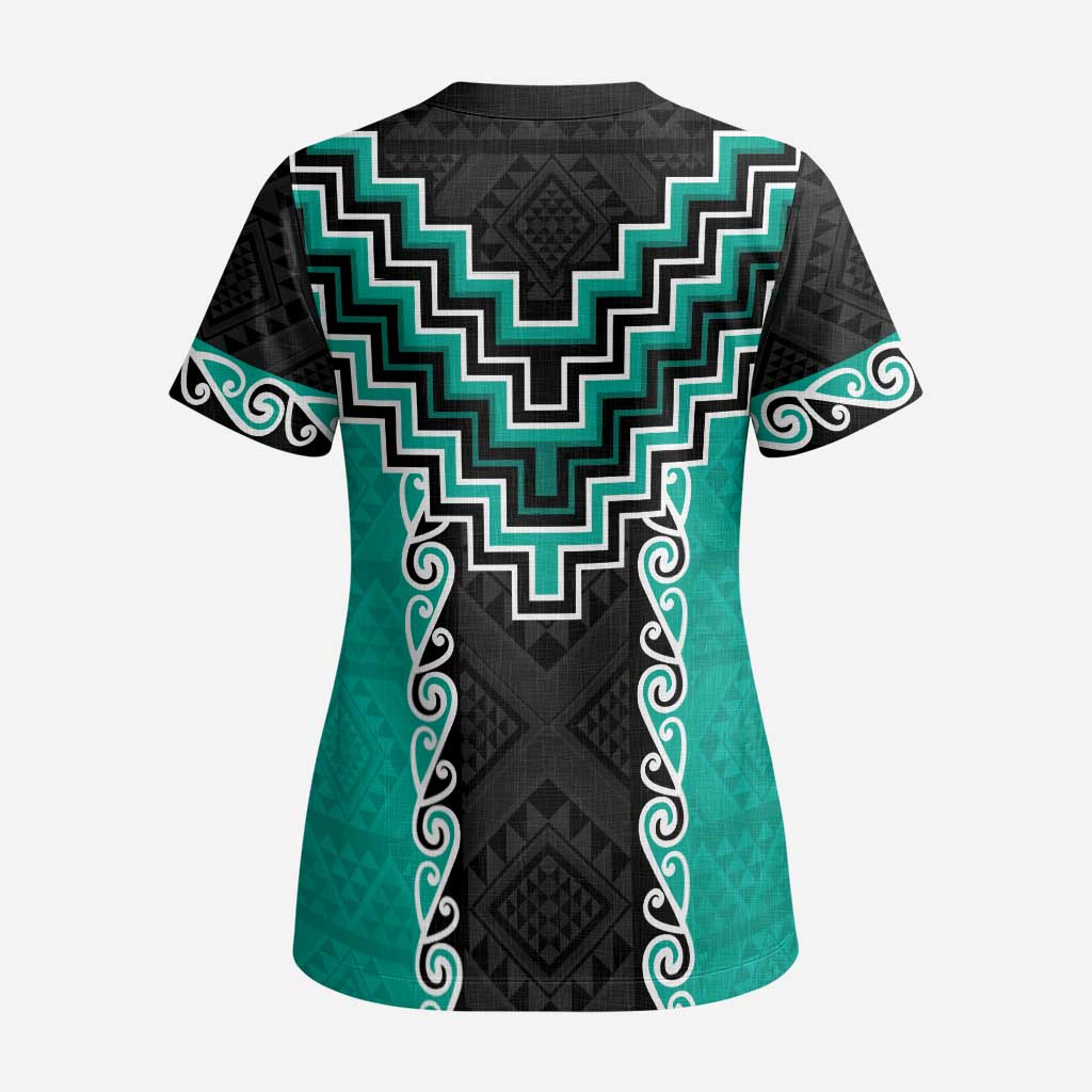 Teal Niho Taniwha Mix Poutama Scrub Top Unique Taniko Aotearoa - Polynesian Pride