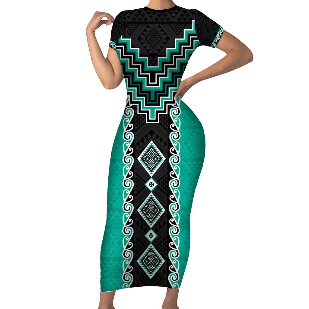 Teal Niho Taniwha Mix Poutama Short Sleeve Bodycon Dress Unique Taniko Aotearoa