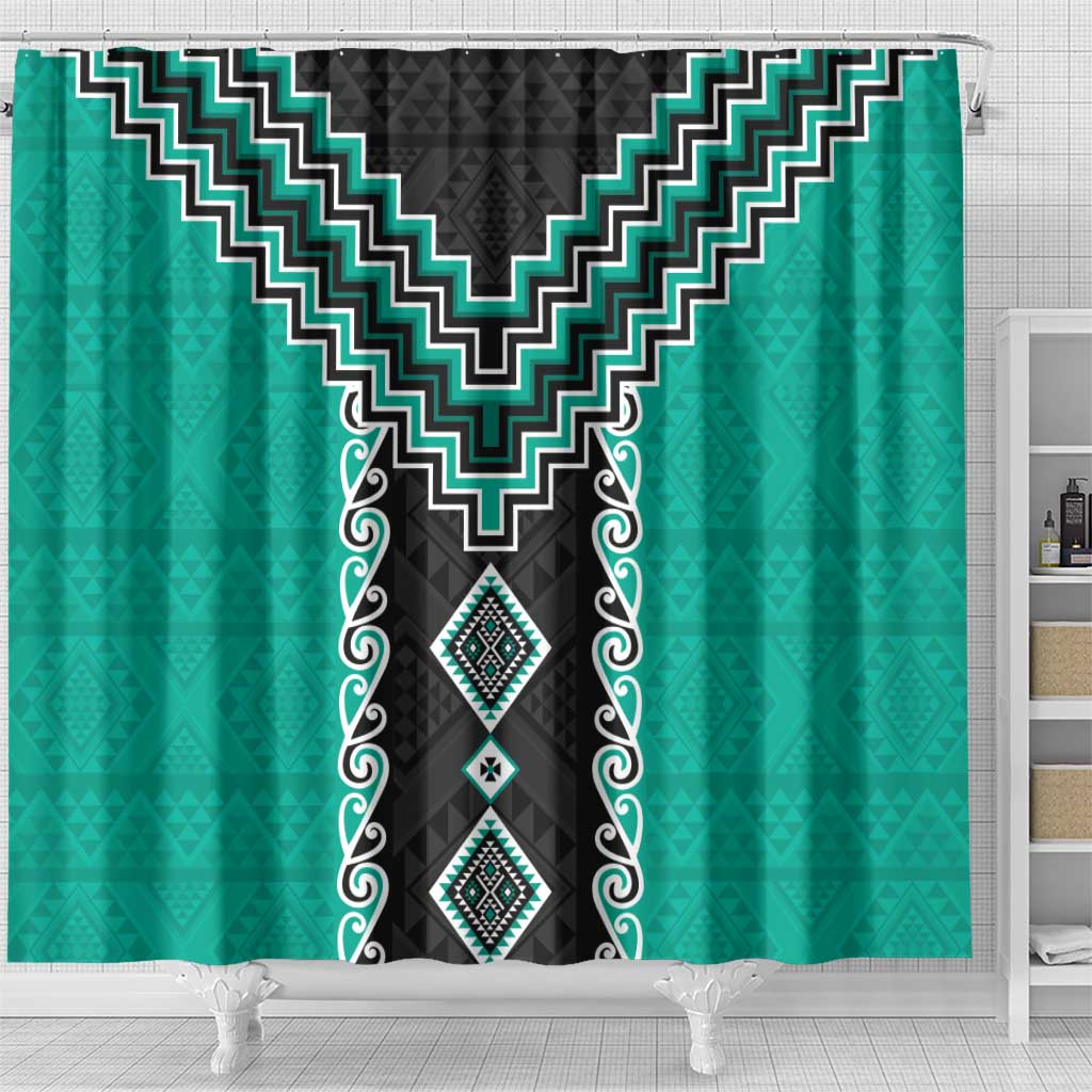 Teal Niho Taniwha Mix Poutama Shower Curtain Unique Taniko Aotearoa