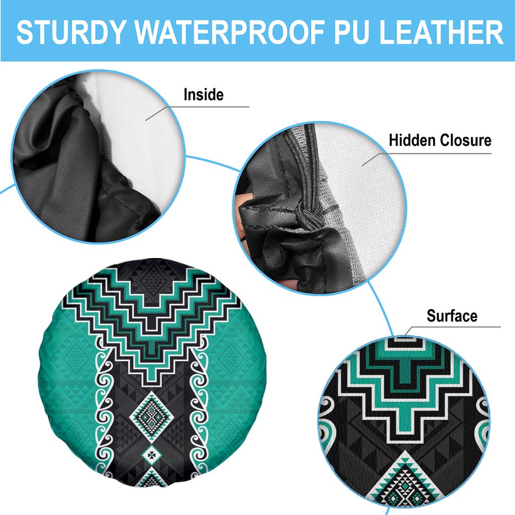 Teal Niho Taniwha Mix Poutama Spare Tire Cover Unique Taniko Aotearoa