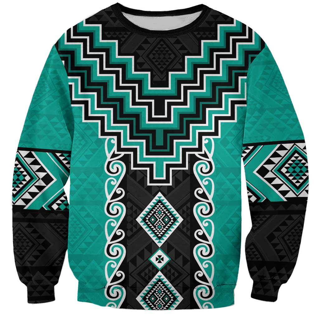 Teal Niho Taniwha Mix Poutama Sweatshirt Unique Taniko Aotearoa