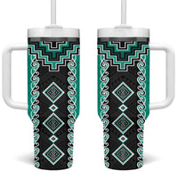 Teal Niho Taniwha Mix Poutama Tumbler With Handle Unique Taniko Aotearoa
