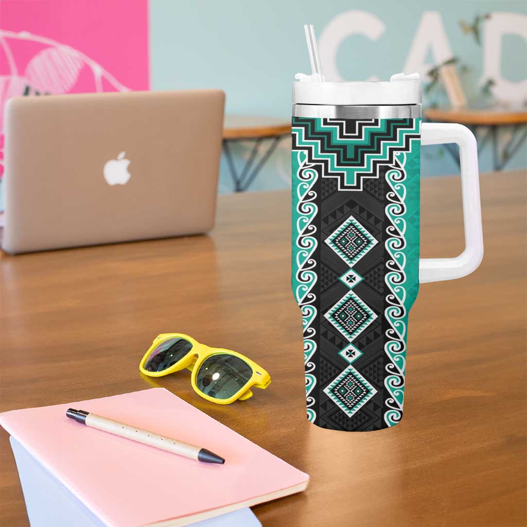 Teal Niho Taniwha Mix Poutama Tumbler With Handle Unique Taniko Aotearoa