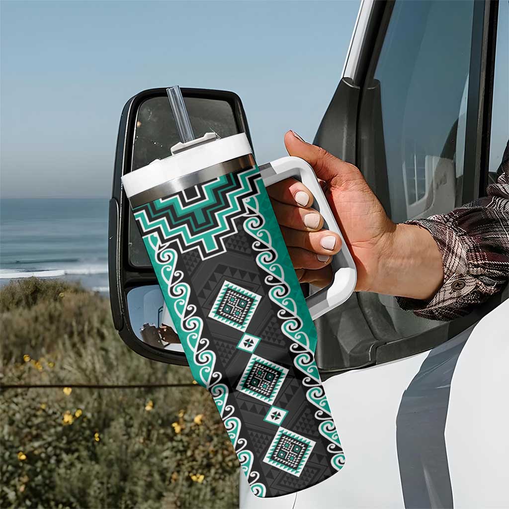 Teal Niho Taniwha Mix Poutama Tumbler With Handle Unique Taniko Aotearoa