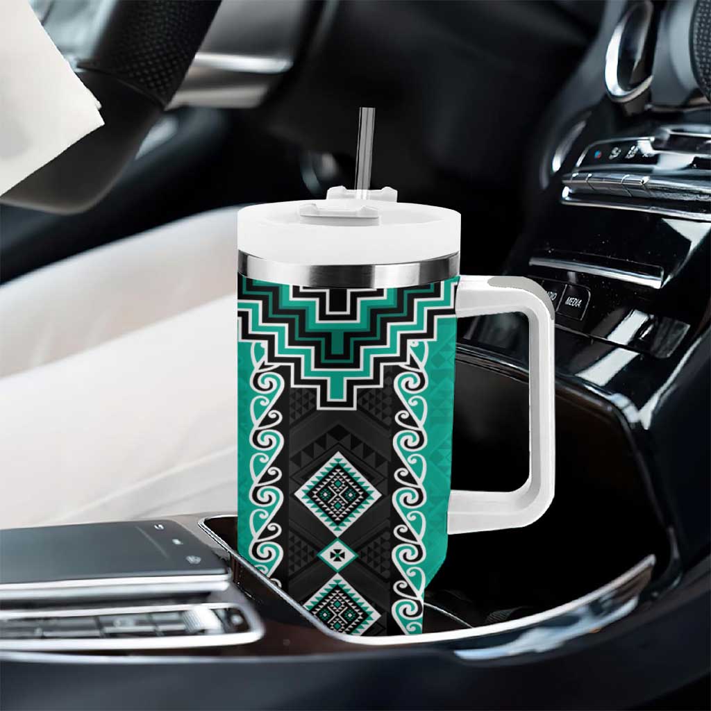 Teal Niho Taniwha Mix Poutama Tumbler With Handle Unique Taniko Aotearoa