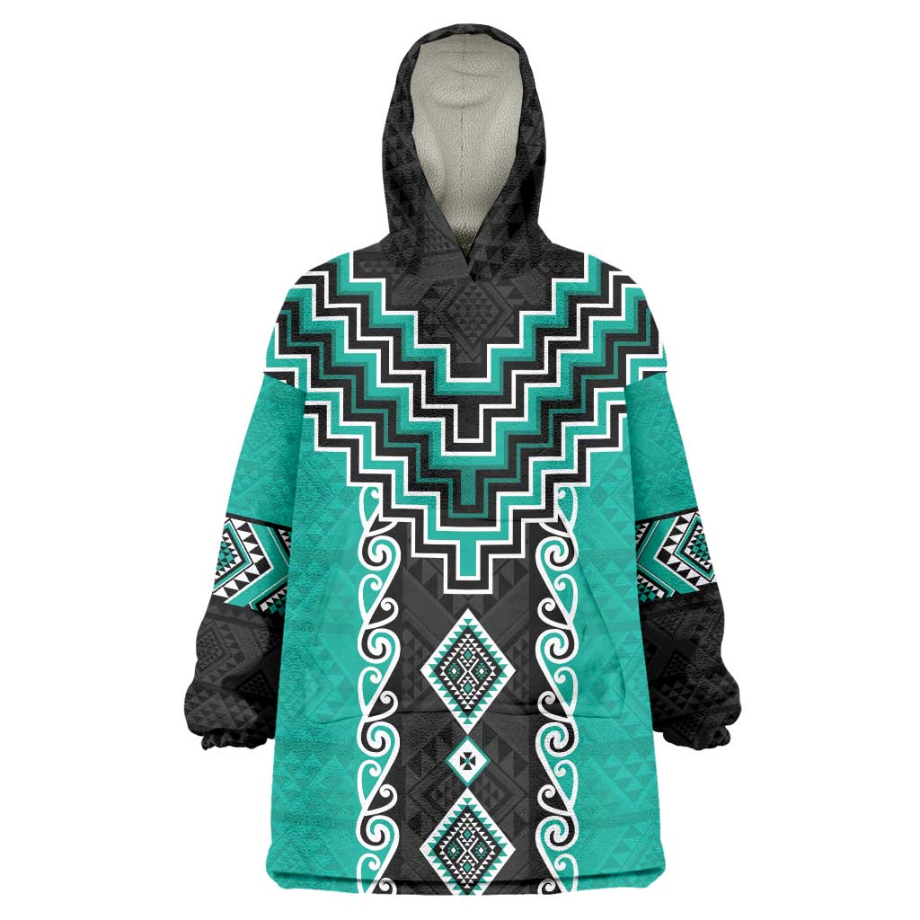 Teal Niho Taniwha Mix Poutama Wearable Blanket Hoodie Unique Taniko Aotearoa LT01 One Size Teal - Polynesian Pride