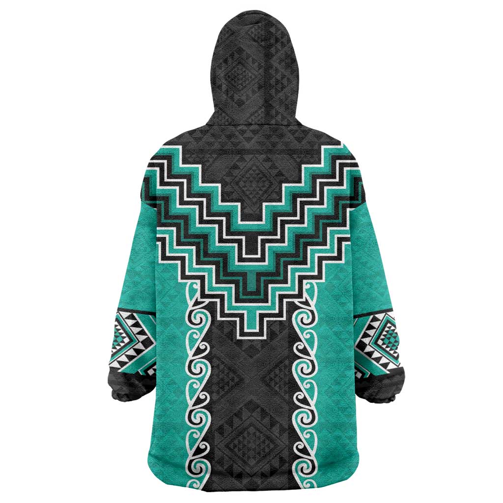Teal Niho Taniwha Mix Poutama Wearable Blanket Hoodie Unique Taniko Aotearoa