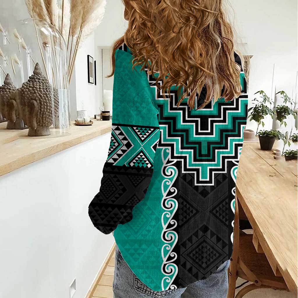 Teal Niho Taniwha Mix Poutama Women Casual Shirt Unique Taniko Aotearoa