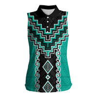 Teal Niho Taniwha Mix Poutama Women Sleeveless Polo Shirt Unique Taniko Aotearoa