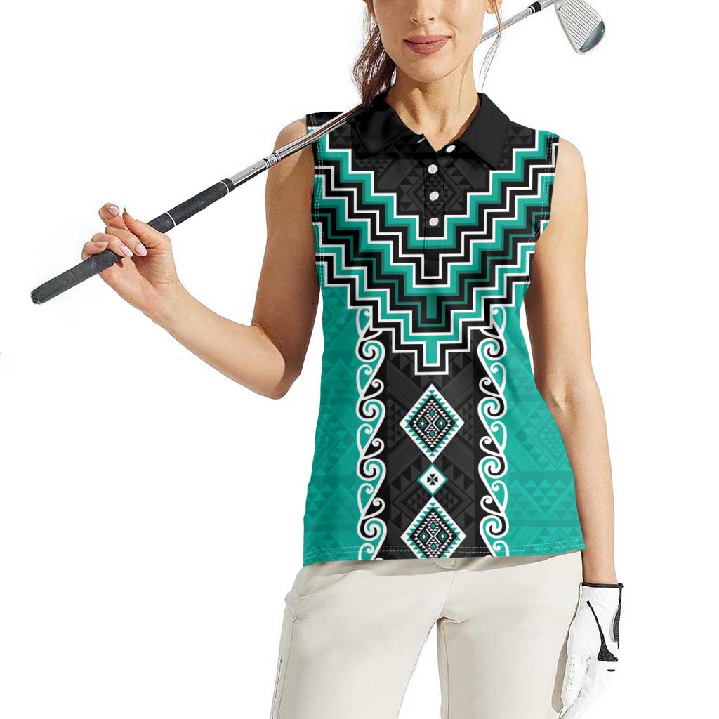 Teal Niho Taniwha Mix Poutama Women Sleeveless Polo Shirt Unique Taniko Aotearoa