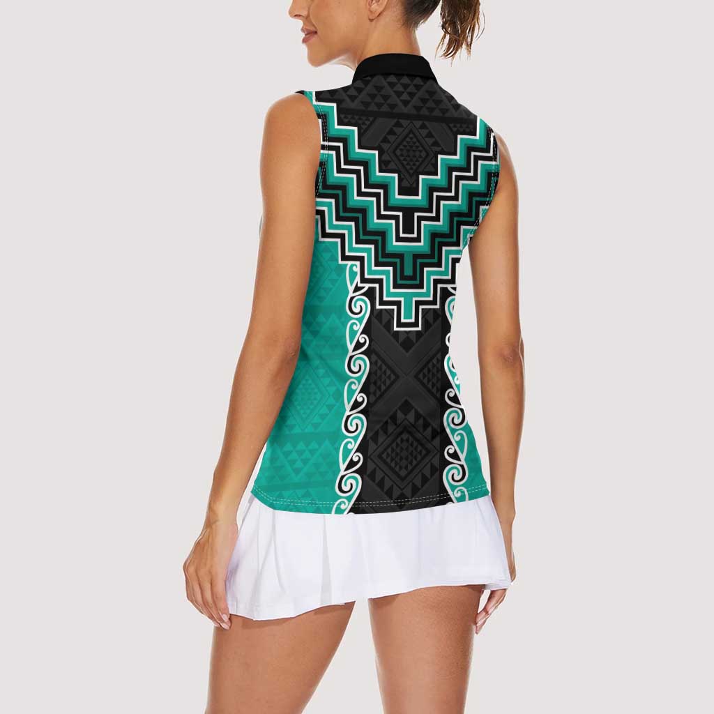 Teal Niho Taniwha Mix Poutama Women Sleeveless Polo Shirt Unique Taniko Aotearoa