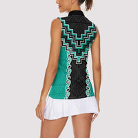 Teal Niho Taniwha Mix Poutama Women Sleeveless Polo Shirt Unique Taniko Aotearoa