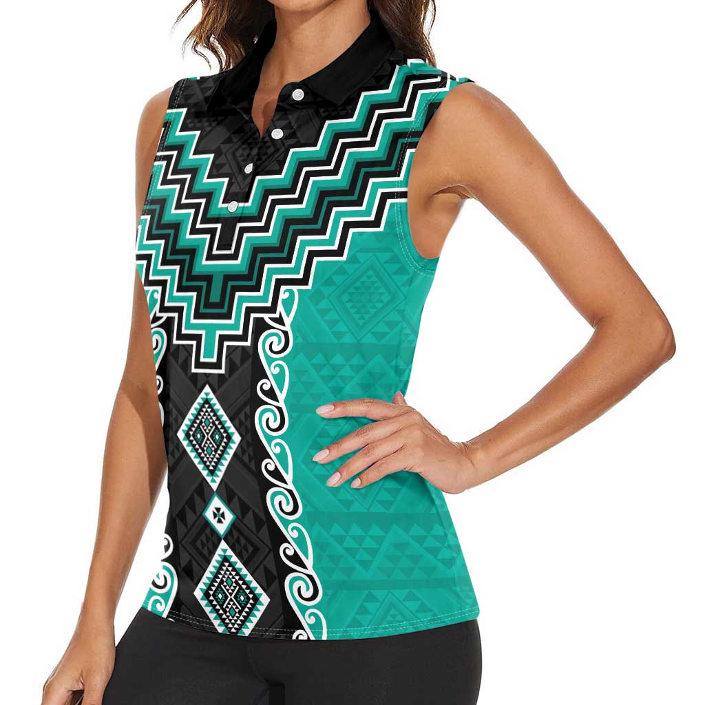 Teal Niho Taniwha Mix Poutama Women Sleeveless Polo Shirt Unique Taniko Aotearoa