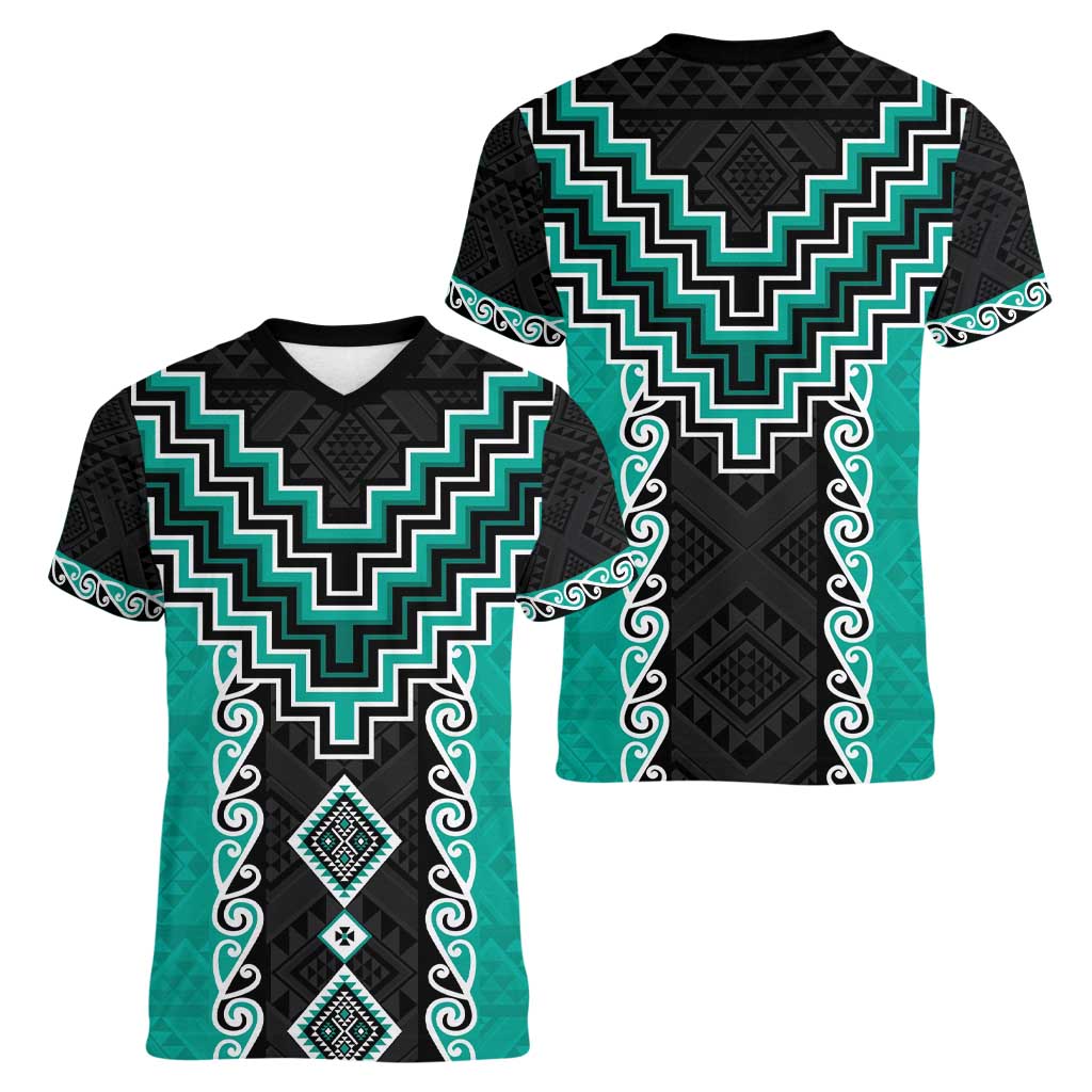 Teal Niho Taniwha Mix Poutama Women V-Neck T-Shirt Unique Taniko Aotearoa
