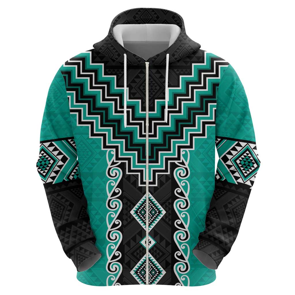 Teal Niho Taniwha Mix Poutama Zip Hoodie Unique Taniko Aotearoa LT01 - Polynesian Pride