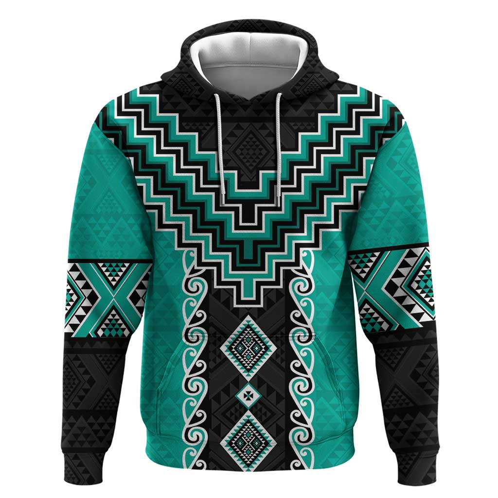 Teal Niho Taniwha Mix Poutama Zip Hoodie Unique Taniko Aotearoa LT01 Pullover Hoodie Teal - Polynesian Pride