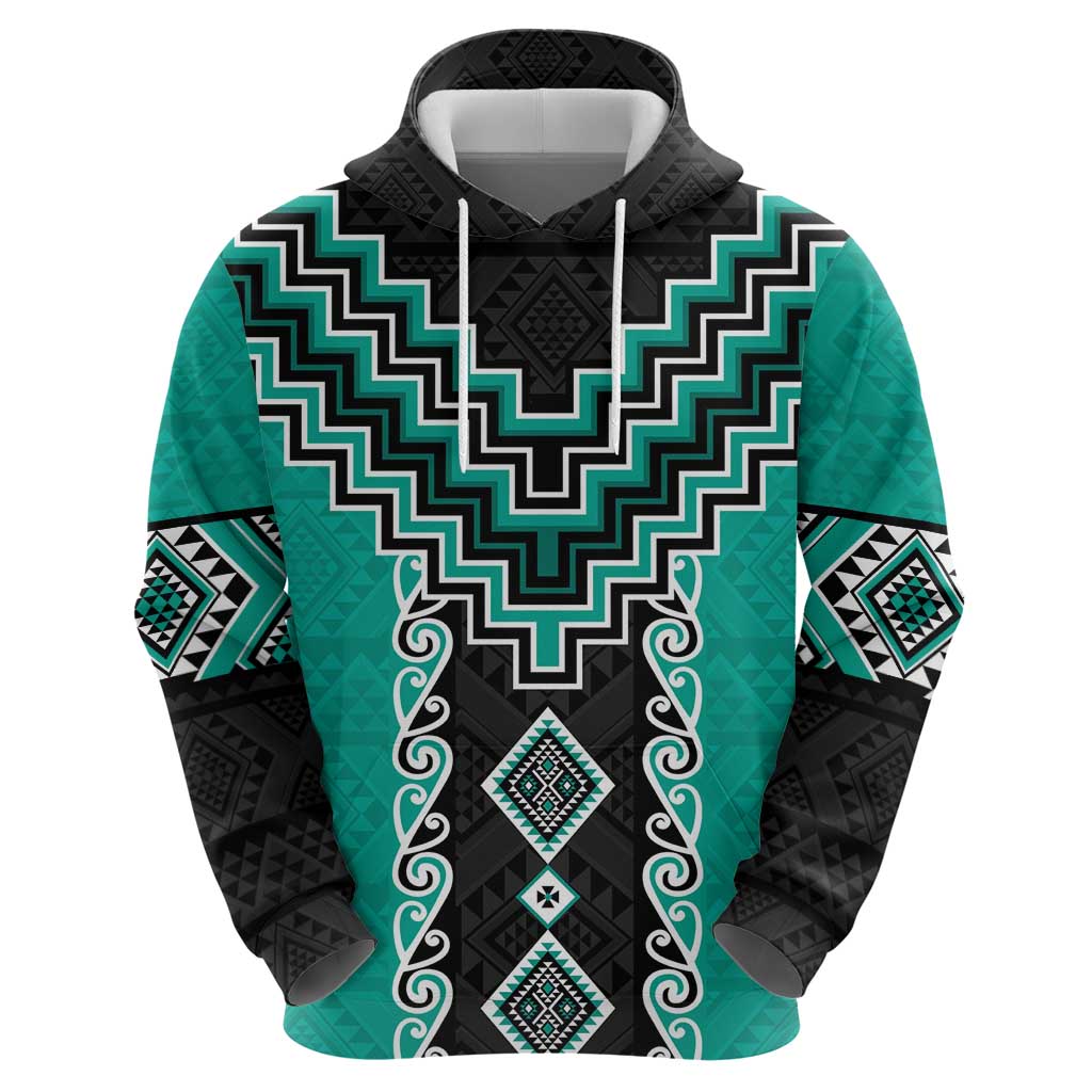 Teal Niho Taniwha Mix Poutama Zip Hoodie Unique Taniko Aotearoa LT01 - Polynesian Pride