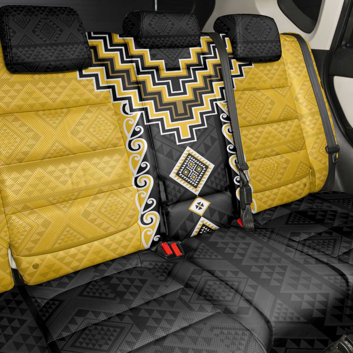 Yellow Niho Taniwha Mix Poutama Back Car Seat Cover Unique Taniko Aotearoa