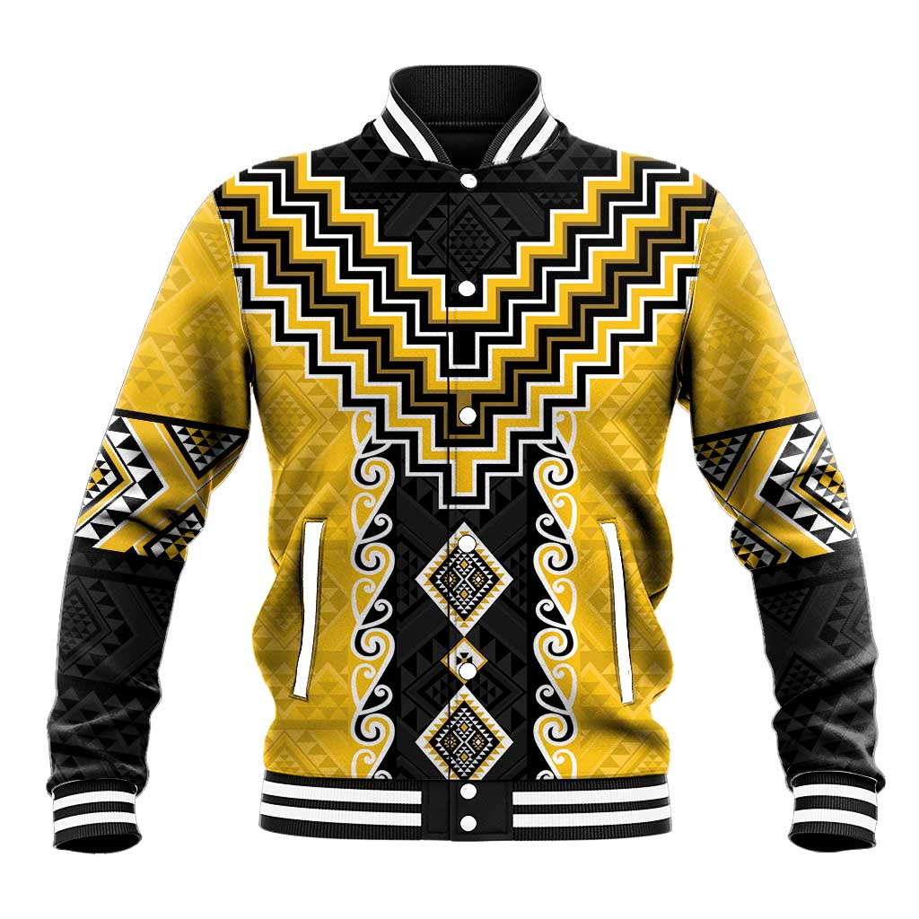 Yellow Niho Taniwha Mix Poutama Baseball Jacket Unique Taniko Aotearoa