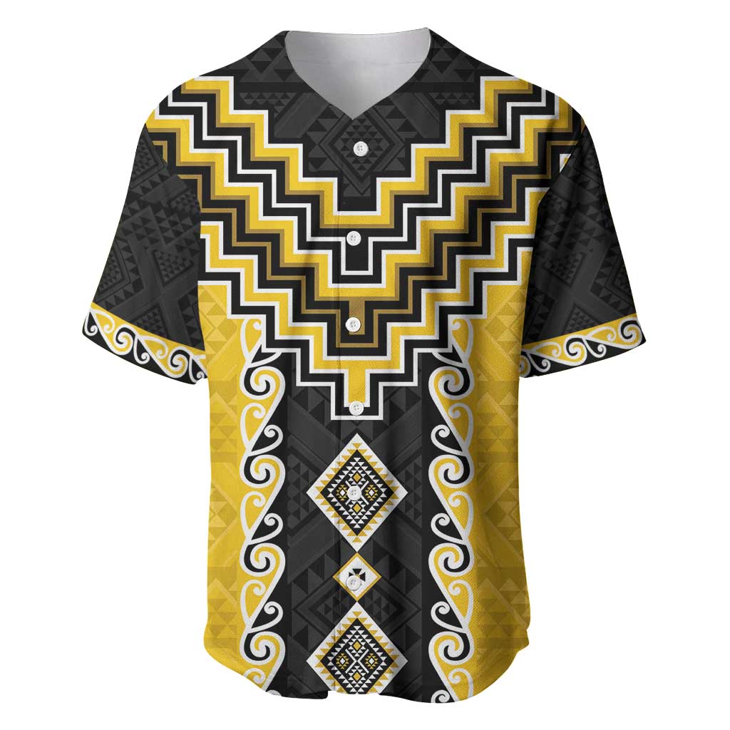 Yellow Niho Taniwha Mix Poutama Baseball Jersey Unique Taniko Aotearoa