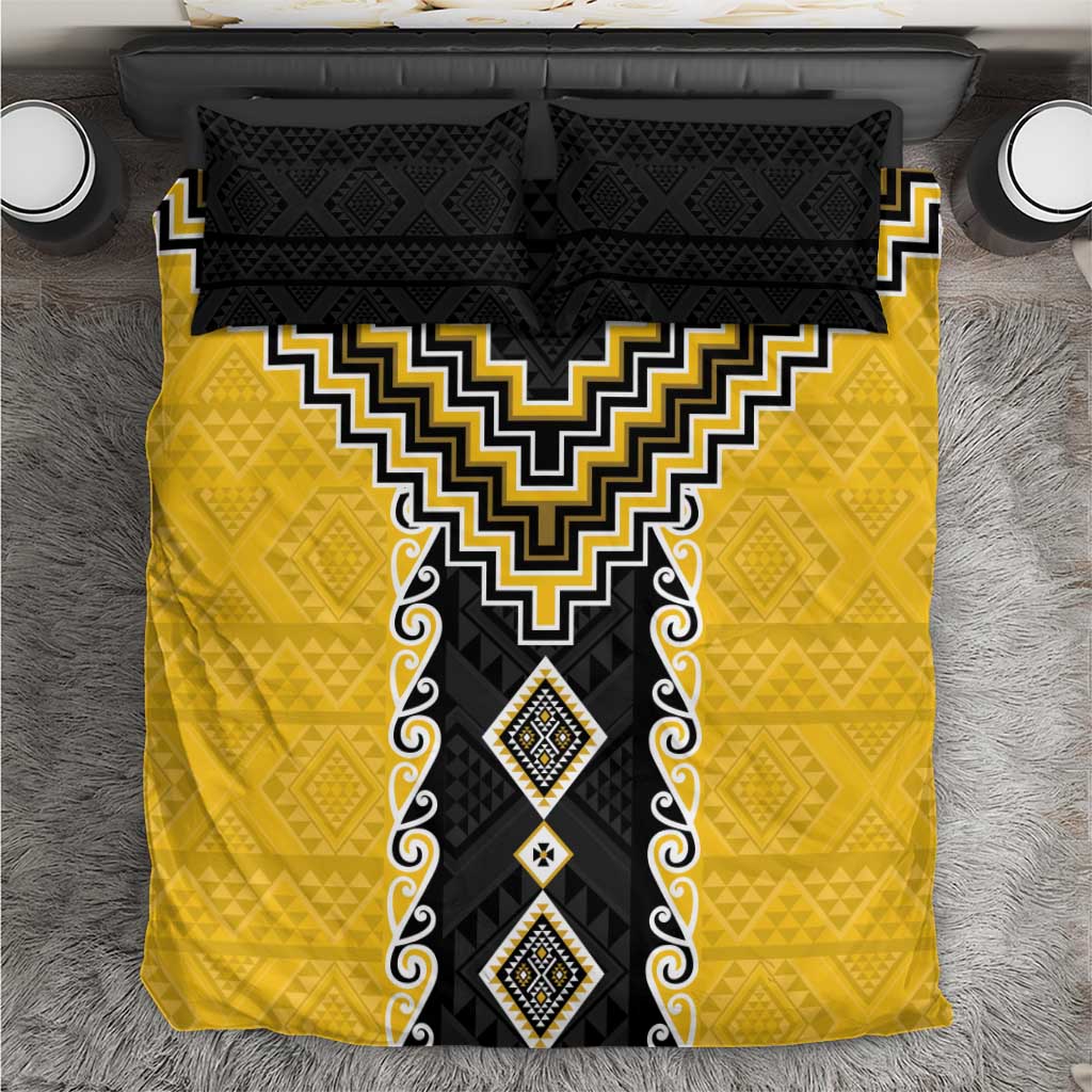 Yellow Niho Taniwha Mix Poutama Bedding Set Unique Taniko Aotearoa LT01 Yellow - Polynesian Pride