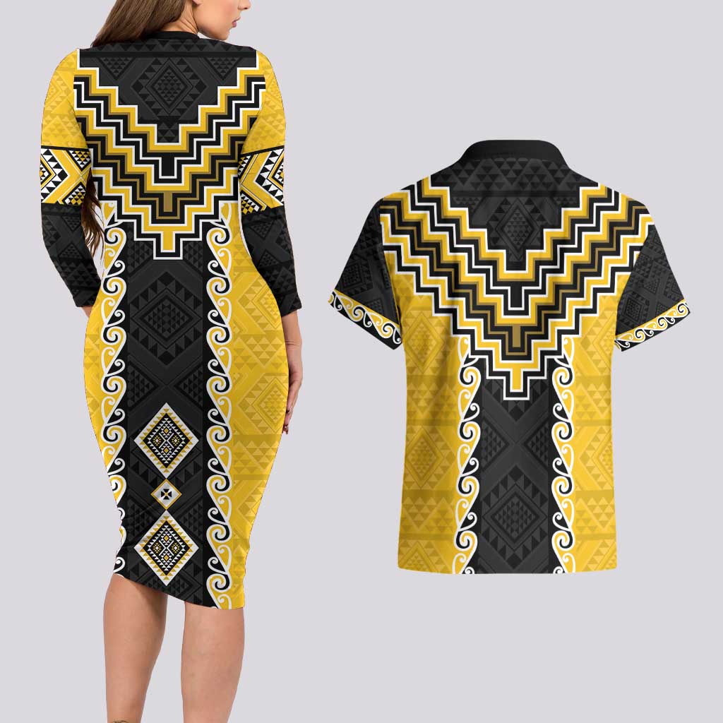 Yellow Niho Taniwha Mix Poutama Couples Matching Long Sleeve Bodycon Dress and Hawaiian Shirt Unique Taniko Aotearoa
