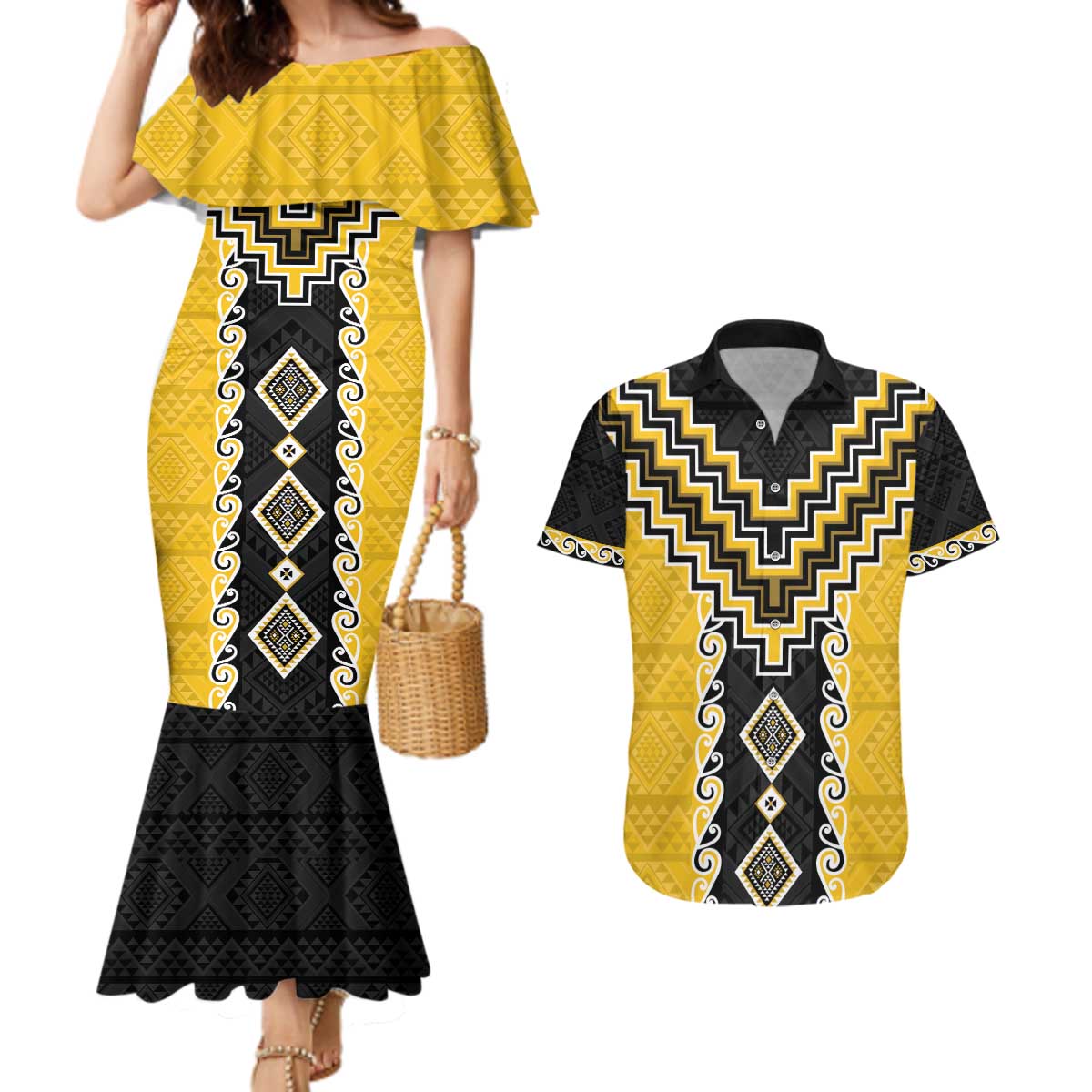 Yellow Niho Taniwha Mix Poutama Couples Matching Mermaid Dress and Hawaiian Shirt Unique Taniko Aotearoa