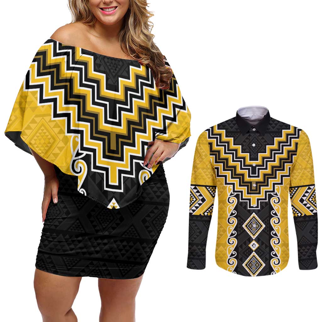 Yellow Niho Taniwha Mix Poutama Couples Matching Off Shoulder Short Dress and Long Sleeve Button Shirt Unique Taniko Aotearoa