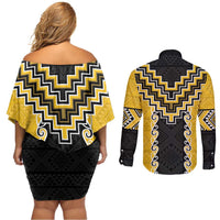 Yellow Niho Taniwha Mix Poutama Couples Matching Off Shoulder Short Dress and Long Sleeve Button Shirt Unique Taniko Aotearoa