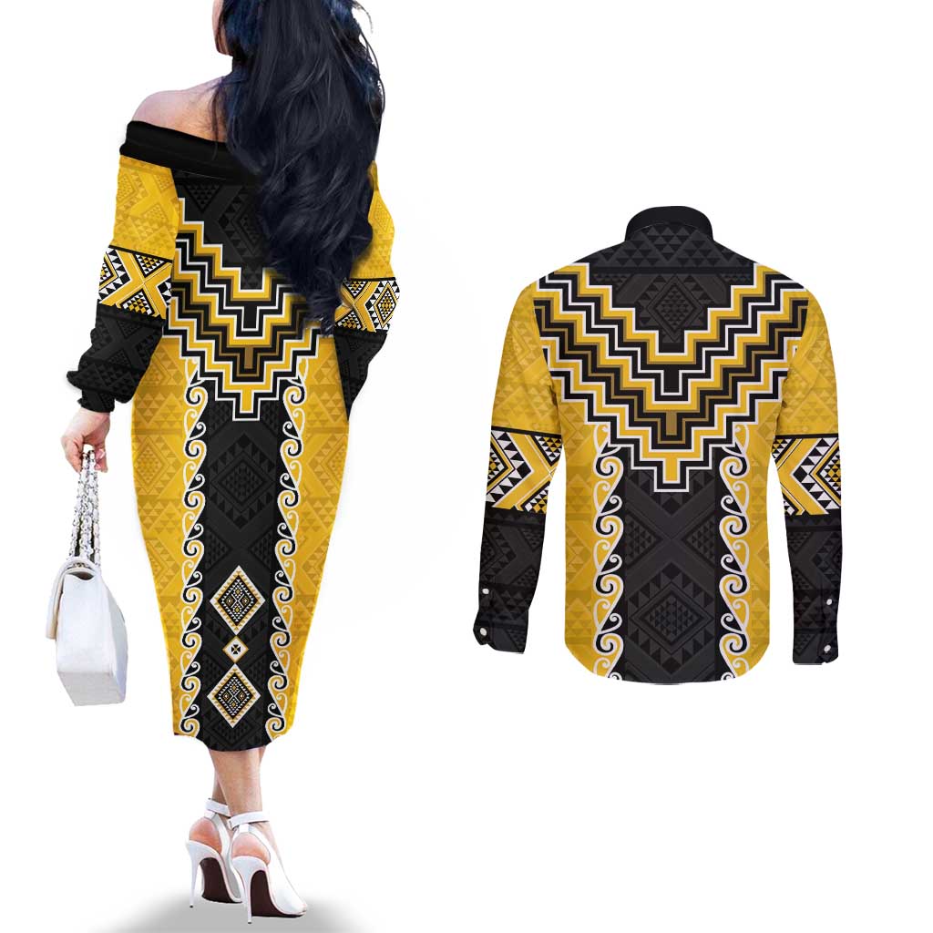 Yellow Niho Taniwha Mix Poutama Couples Matching Off The Shoulder Long Sleeve Dress and Long Sleeve Button Shirt Unique Taniko Aotearoa
