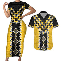Yellow Niho Taniwha Mix Poutama Couples Matching Short Sleeve Bodycon Dress and Hawaiian Shirt Unique Taniko Aotearoa