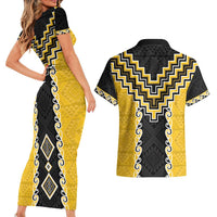 Yellow Niho Taniwha Mix Poutama Couples Matching Short Sleeve Bodycon Dress and Hawaiian Shirt Unique Taniko Aotearoa