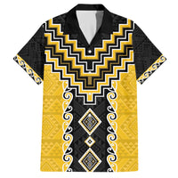 Yellow Niho Taniwha Mix Poutama Family Matching Off The Shoulder Long Sleeve Dress and Hawaiian Shirt Unique Taniko Aotearoa