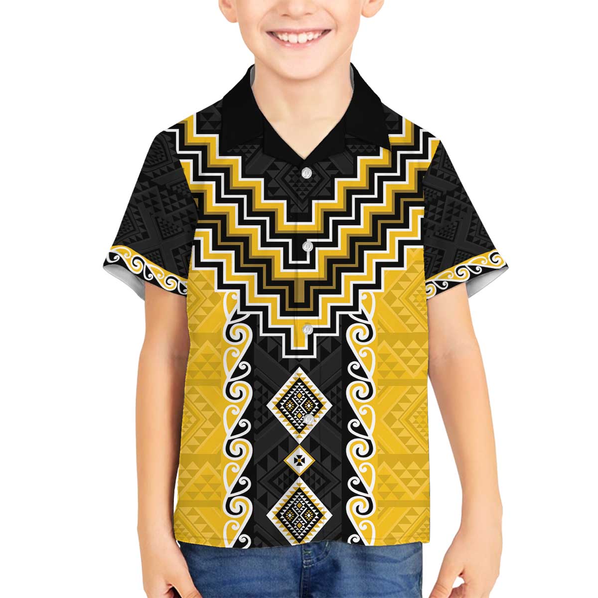 Yellow Niho Taniwha Mix Poutama Family Matching Off The Shoulder Long Sleeve Dress and Hawaiian Shirt Unique Taniko Aotearoa