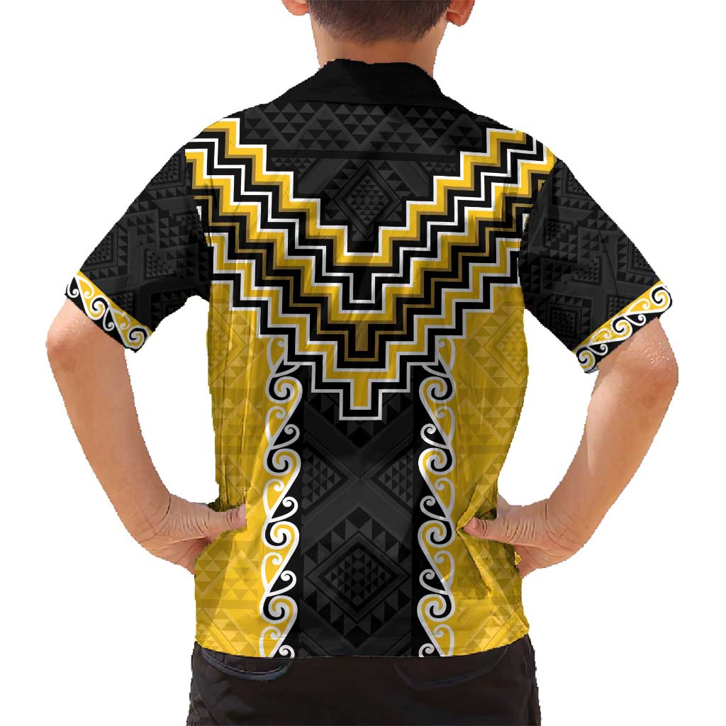 Yellow Niho Taniwha Mix Poutama Family Matching Off Shoulder Short Dress and Hawaiian Shirt Unique Taniko Aotearoa